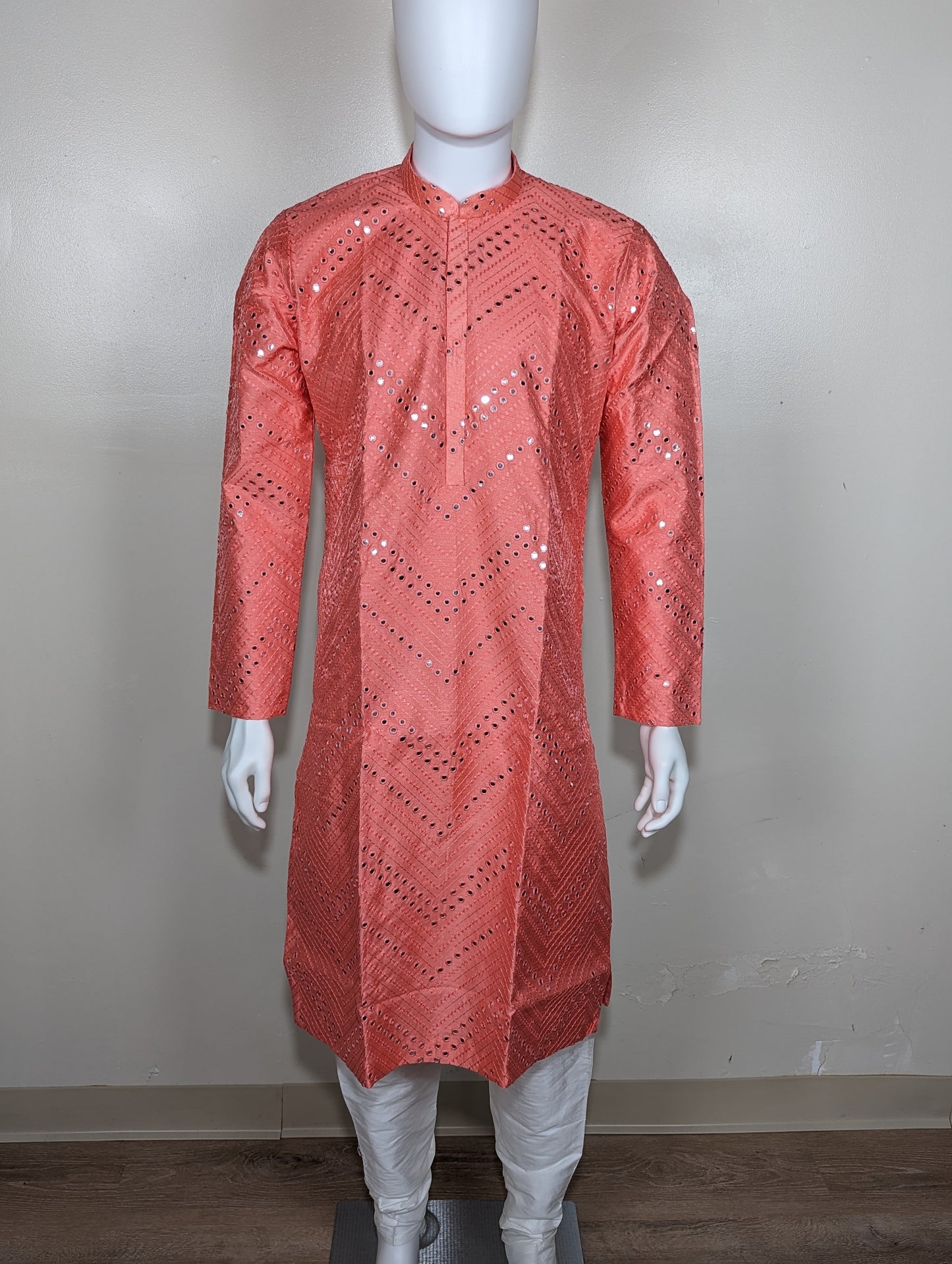 Men's Crochet Mirror kurta set - Coral Pink