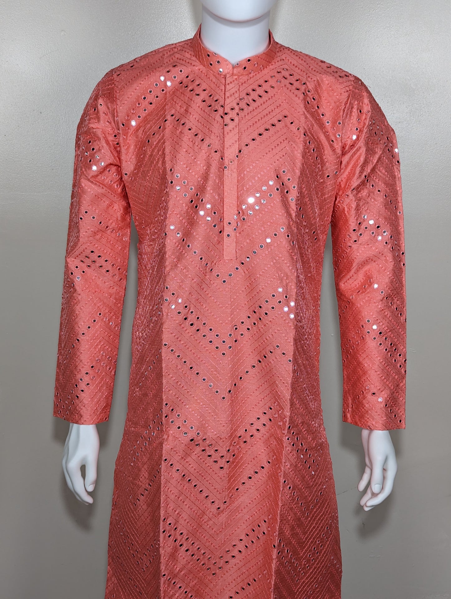 Men's Crochet Mirror kurta set - Coral Pink