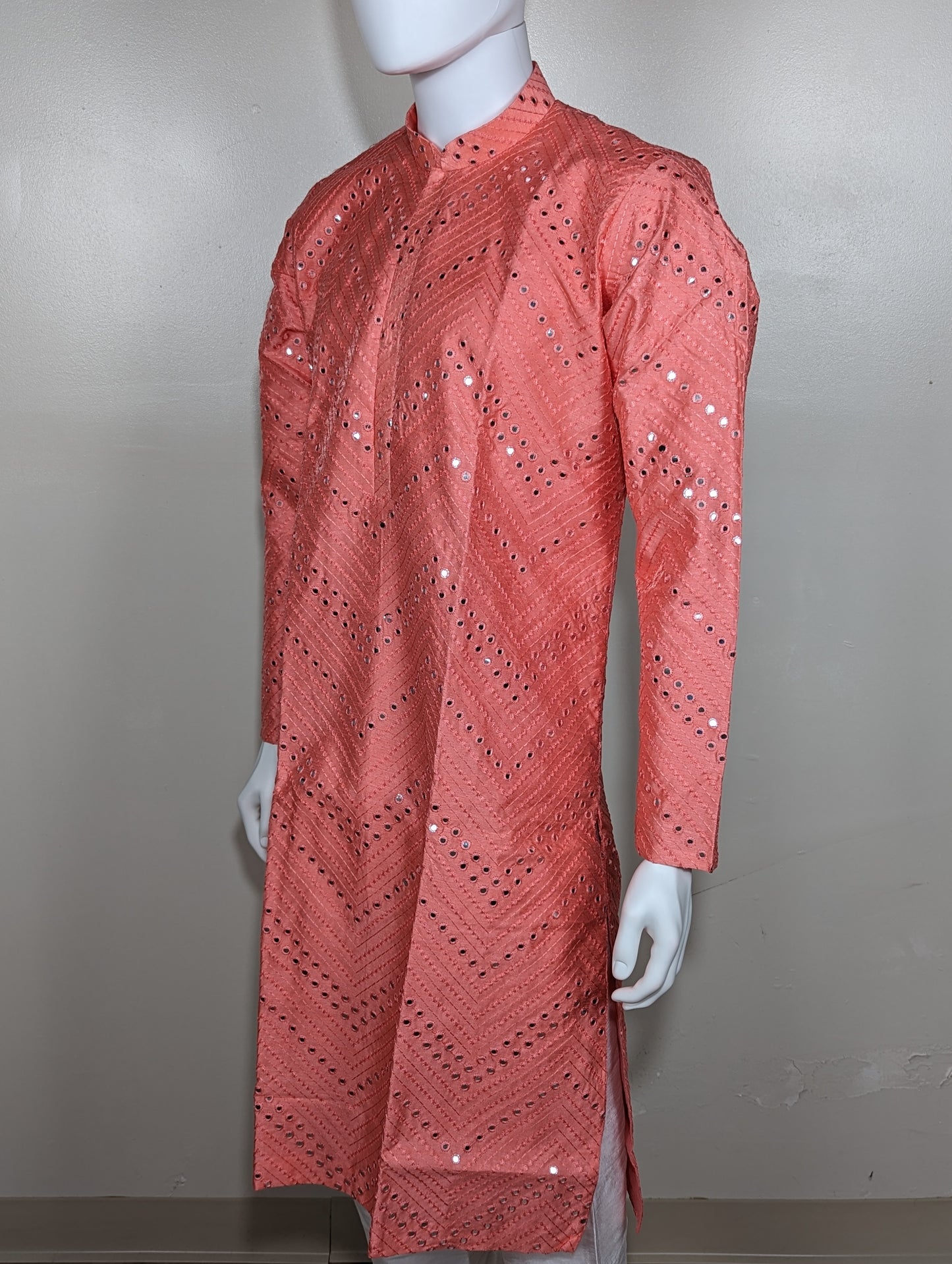 Men's Crochet Mirror kurta set - Coral Pink