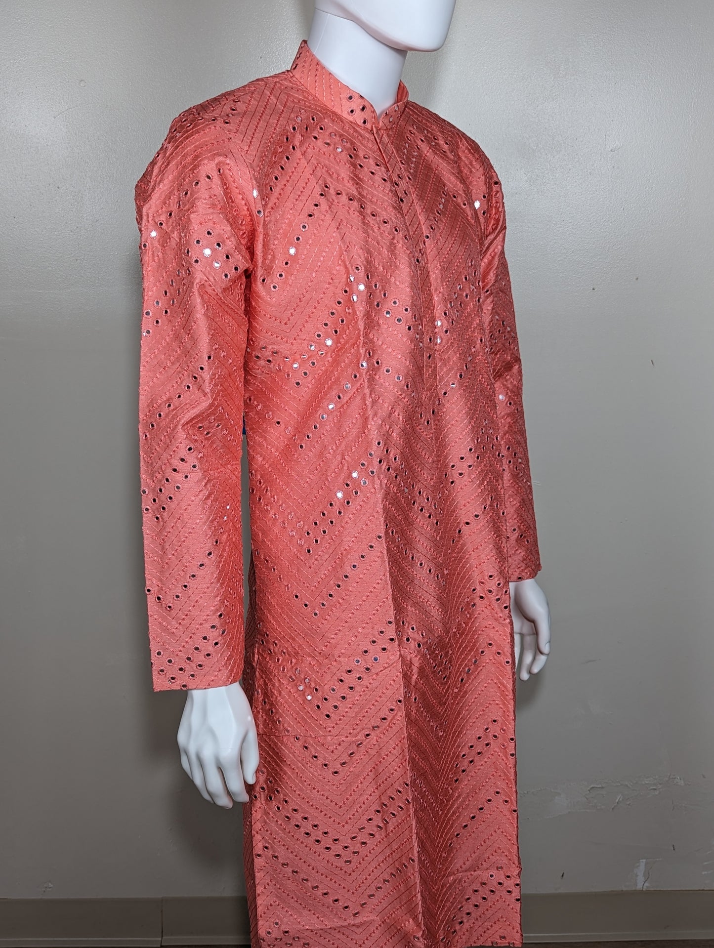 Men's Crochet Mirror kurta set - Coral Pink