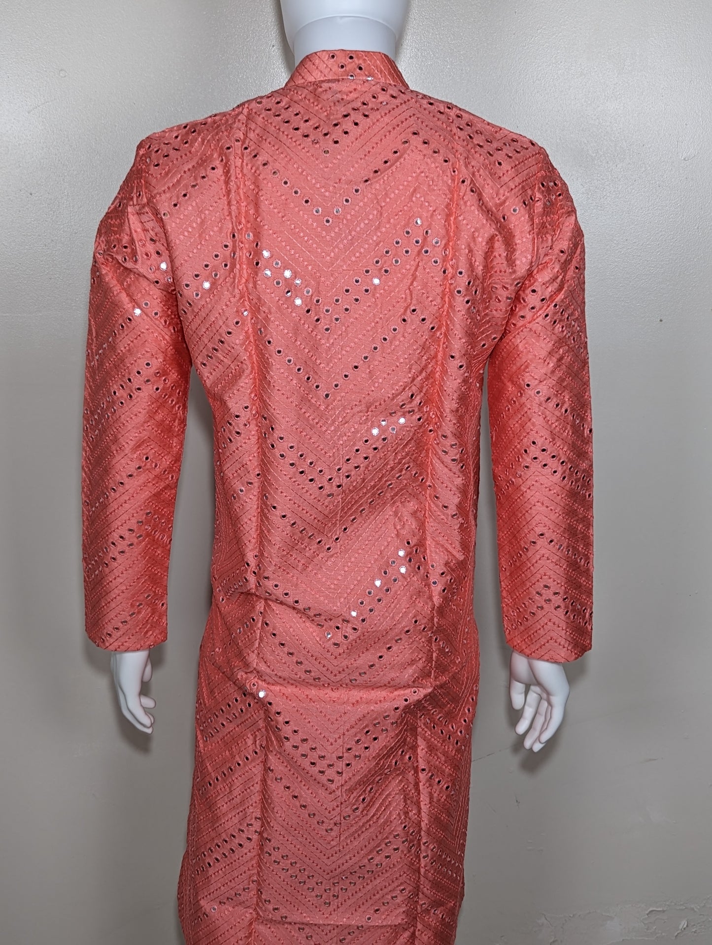 Men's Crochet Mirror kurta set - Coral Pink