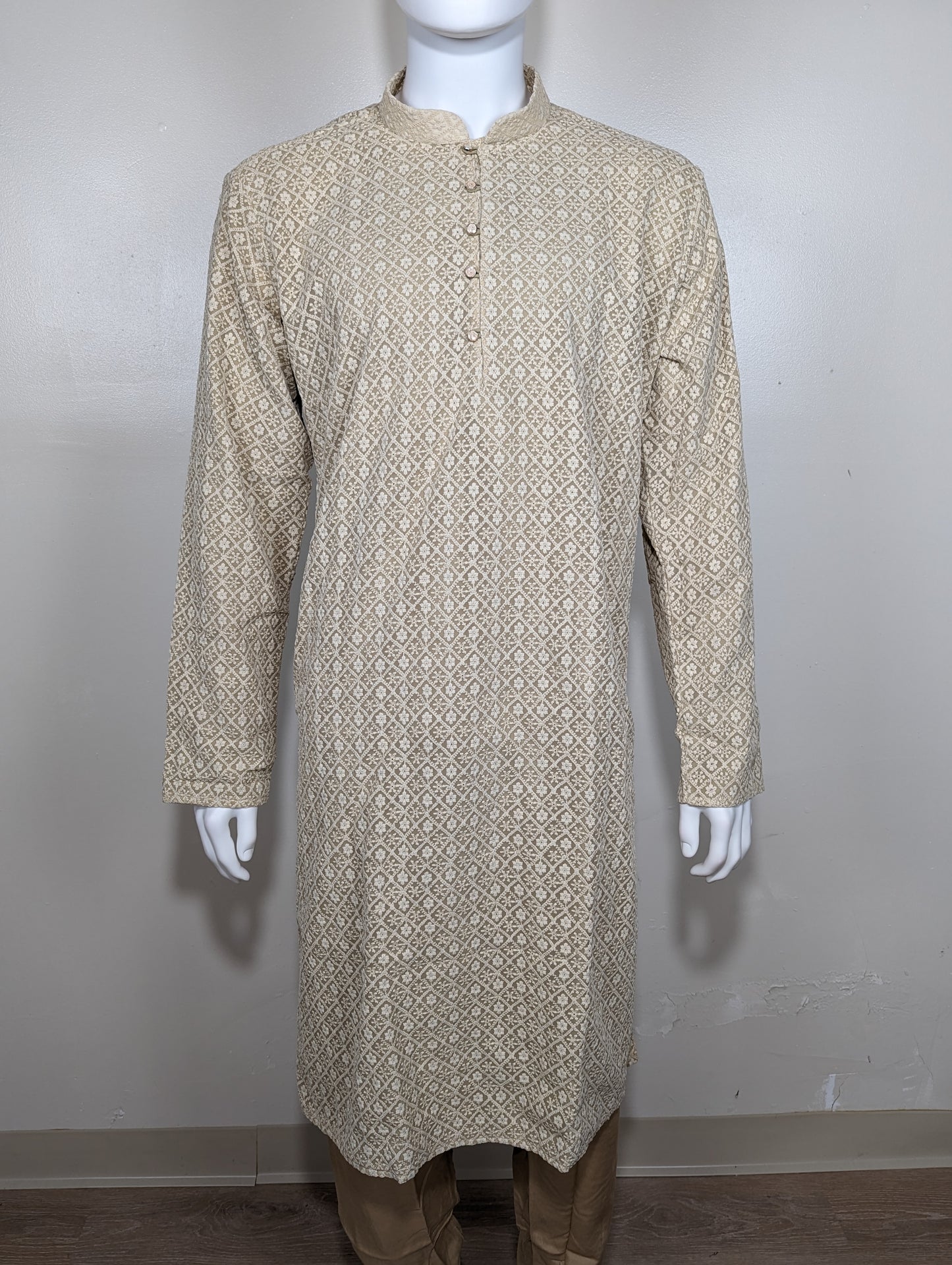 Men's hakoba chikan embroidery cotton kurta set - Beige