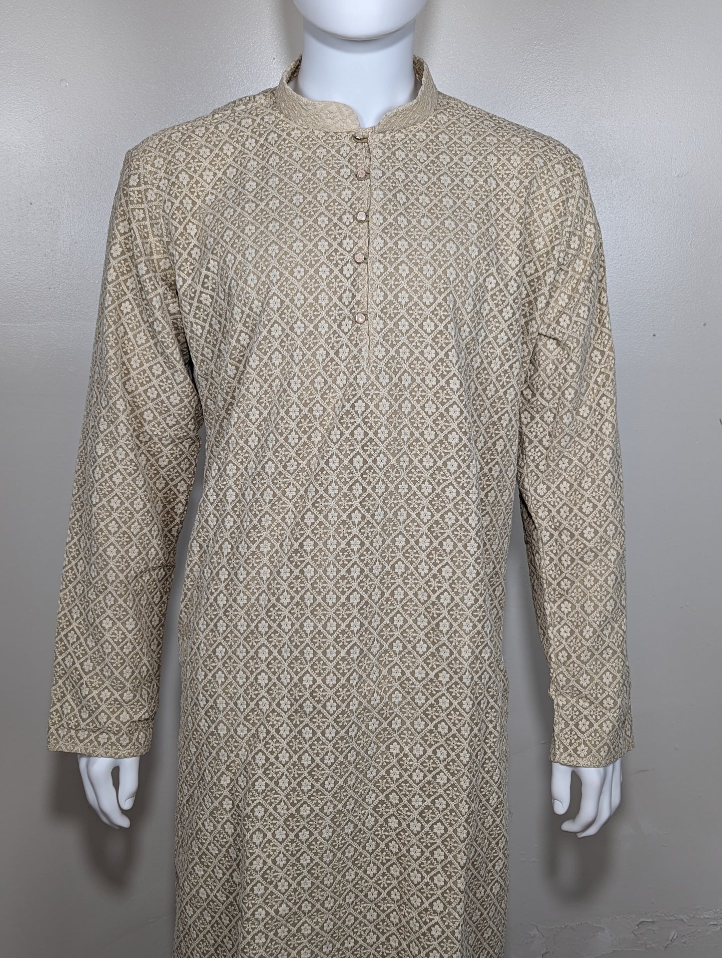 Men's hakoba chikan embroidery cotton kurta set - Beige