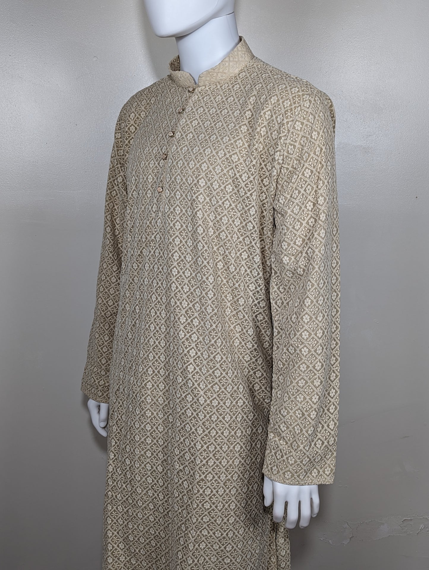 Men's hakoba chikan embroidery cotton kurta set - Beige