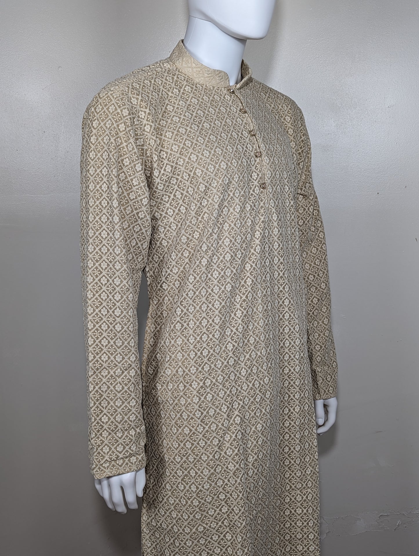 Men's hakoba chikan embroidery cotton kurta set - Beige