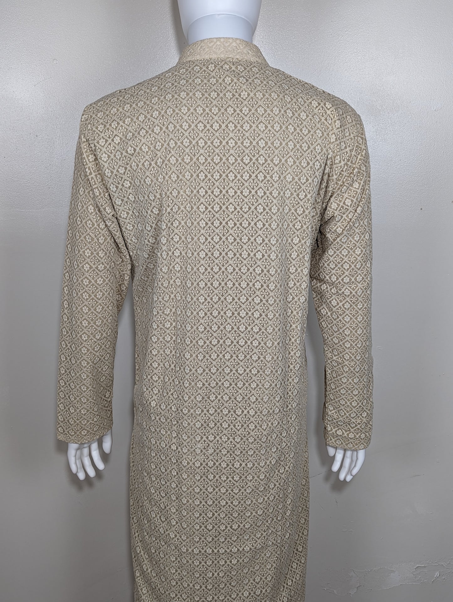 Men's hakoba chikan embroidery cotton kurta set - Beige